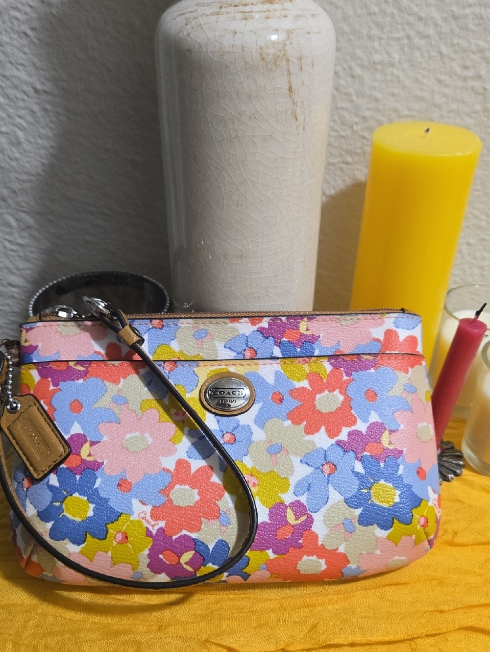 Coach Multicolor Floral Wristlet - Pink, Blue, Yellow, Coral With Hangtag